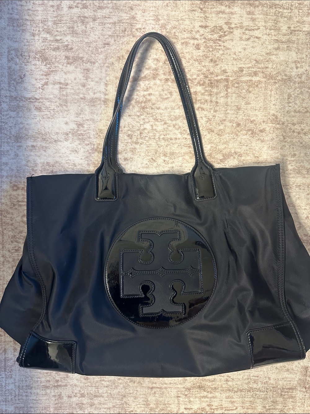 Tory Burch Black Tote with Patent Logo Medallion